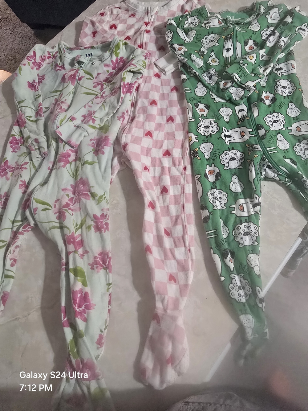 Trio of Baby Footed Pajamas - Floral, Pink Hearts & Green Sheep 100% Cotton